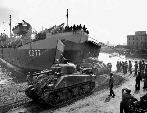 Sherman tanks disembarking at Anzio