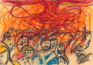 Acts 2:1-4. When the day of Pentecost came. Pastel & pen. 26 May 2012.